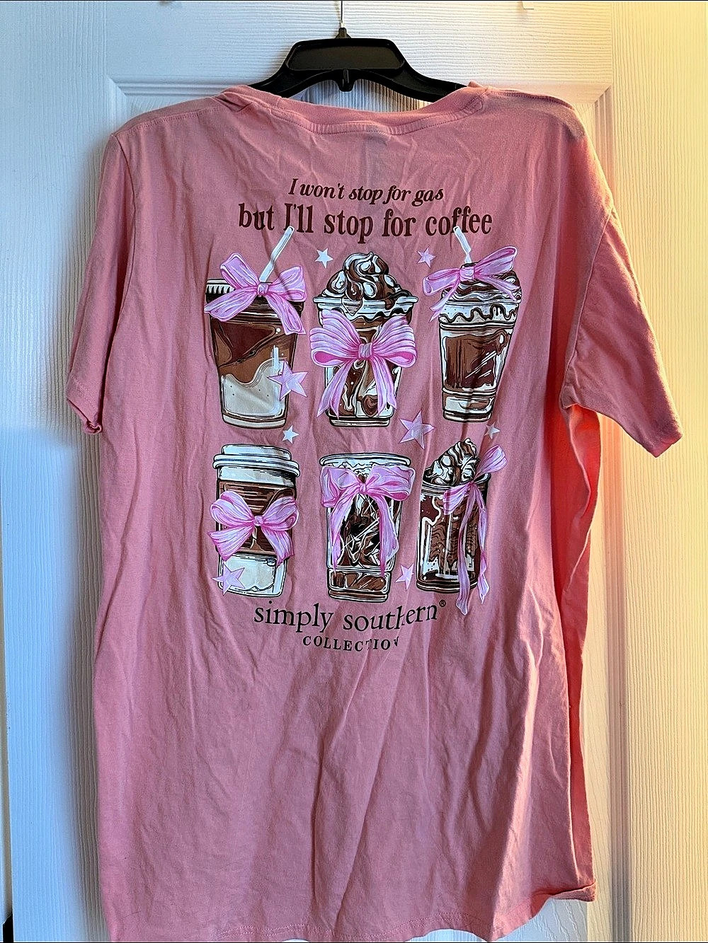 Simply Southern Stop for Coffee Short Sleeve T-Shirt Pink Large